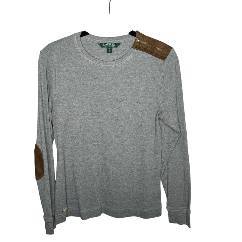 LAUREN RALPH LAUREN / gray brown elbow patch long tee / L